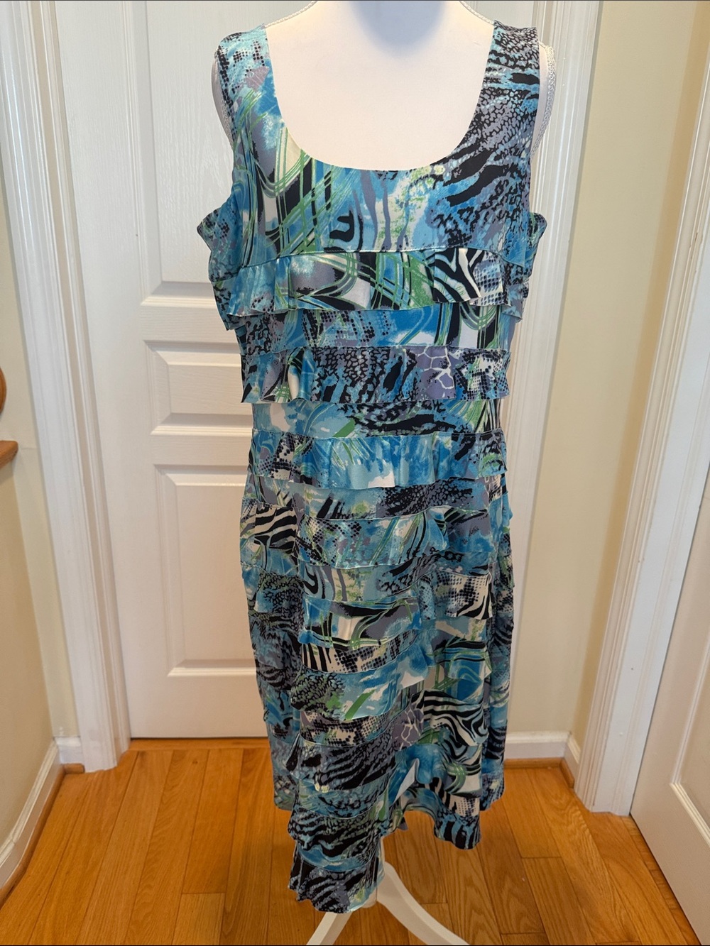 Tango Mango Sleeveless Blue Multi-Print Ruffle Dress